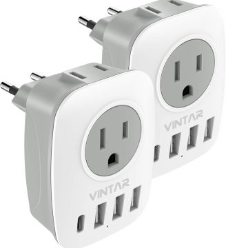 2 Pack European Travel Plug Adapter, VINTAR International Power Plug Adapter with 1 USB C, 2 American Outlets and 3 USB Ports, 6 in 1 Travel Essentials to Most of Europe Greece, Italy(Type C)